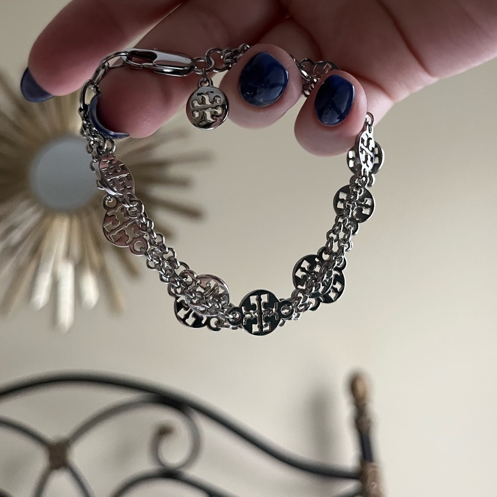 Tory Burch Silver Logo Triple Chain Bracelet